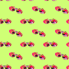 Seamless pattern, on a light green background, glasses in the form of a crab. Contrast, isometric style, square, trend, top view..