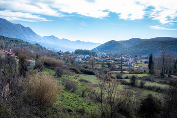 View on the mountain village. Scenic view to small village in mountains, Epirus Greece.