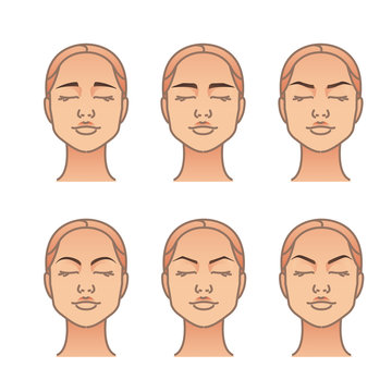 Woman face with different eyebrow forms. Vector illustration set