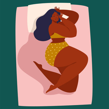 Dream in a hot summer night. Young woman sleeping in bed without a blanket. Female cartoon character lying in a comfortable pose during night slumber. Top view. Vector illustration in flat style.