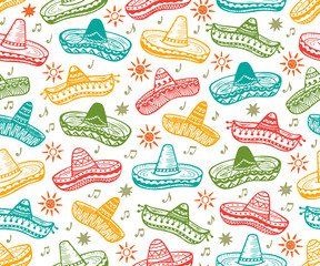 Colorful Mexican Seamless patterns. Mexico Vector background. Hand drawn doodle Mexican Sombrero, Sun, musical notes