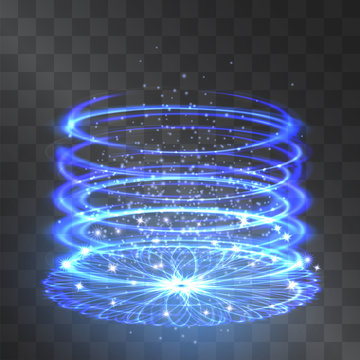Futuristic neon light portal, blue swirl cylinder shape funne with glowing vortex and sparkles on transparent background. Magical glittering illumination. Science fiction stream and mysterious portal.