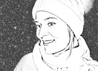 Stylized black and white portrait of a girl in a winter hat and scarf..Smiling girl on a background of snowfall.