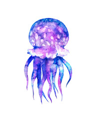 Watercolor jellyfish in modern bright neon colors isolated on white background underwater vivid illustration in large size Design element in magic style, purple blue violet glow pink fluid colorful