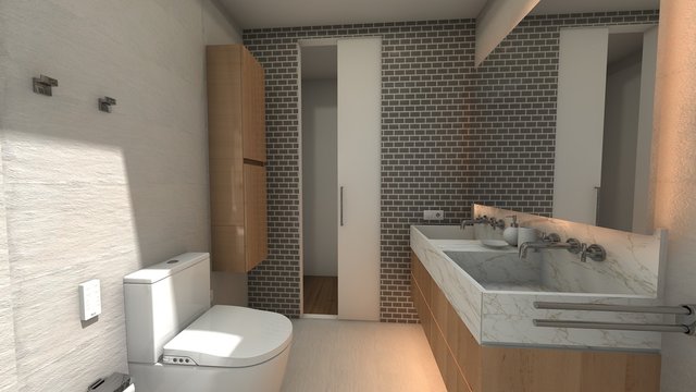 PARED BA&Ntilde;O CON PERTA CORREDERA . RENDER 3D 