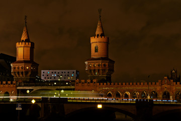 Oberbaumbruecke bridge at Spree river at night