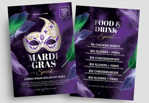 Mardi Gras Flyer with Carnival Masquerade Mask Illustrations