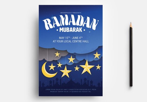 Ramadan Flyer Layout with Starry Sky and Mosque Illustrations