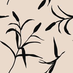 Monochrome floral seamless pattern. Trendy black and pink vector texture. Fashion, ditsy print, fabric, wallpaper. Hand drawn silhouette lily flower buds and leaves scattered random on pink backgroud