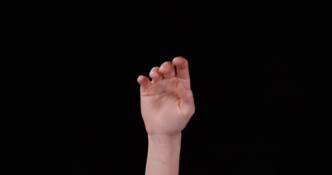 Woman showing M letter on black background, closeup. Sign language