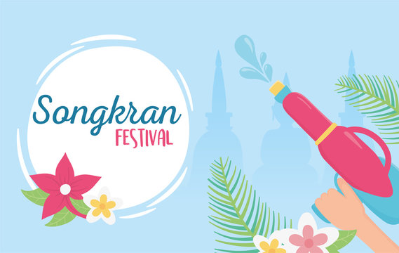 Songkran Festival Hand With Water Guns Flowers Celebration