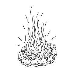 Burning bonfire with coals and sparks. Stone fireplace. Doodle style. Black and white vector illustration. The element is hand-drawn and isolated on a white background. Camping, burning firewood.