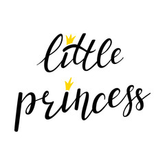 Hand lettering with a crown and with the words - Little Princess. Black and white vector. Print design for t-shirt or baby clothes. Isolated on white background. Bounce lettering