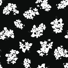 Monochrome floral seamless pattern. Trendy black and white vector texture. Fashion, fabric, ditsy print, wallpaper. Hand drawn silhouette wild flowers and leaves scattered random on black backgroud