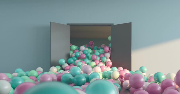 Multi-colored balls pour out of the open doors into a large bright room. 3D render. Luma matte and color ID pass.