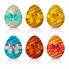 Collection of Easter golden eggs with bow. Various striped designs. Vector eps10 illustration.