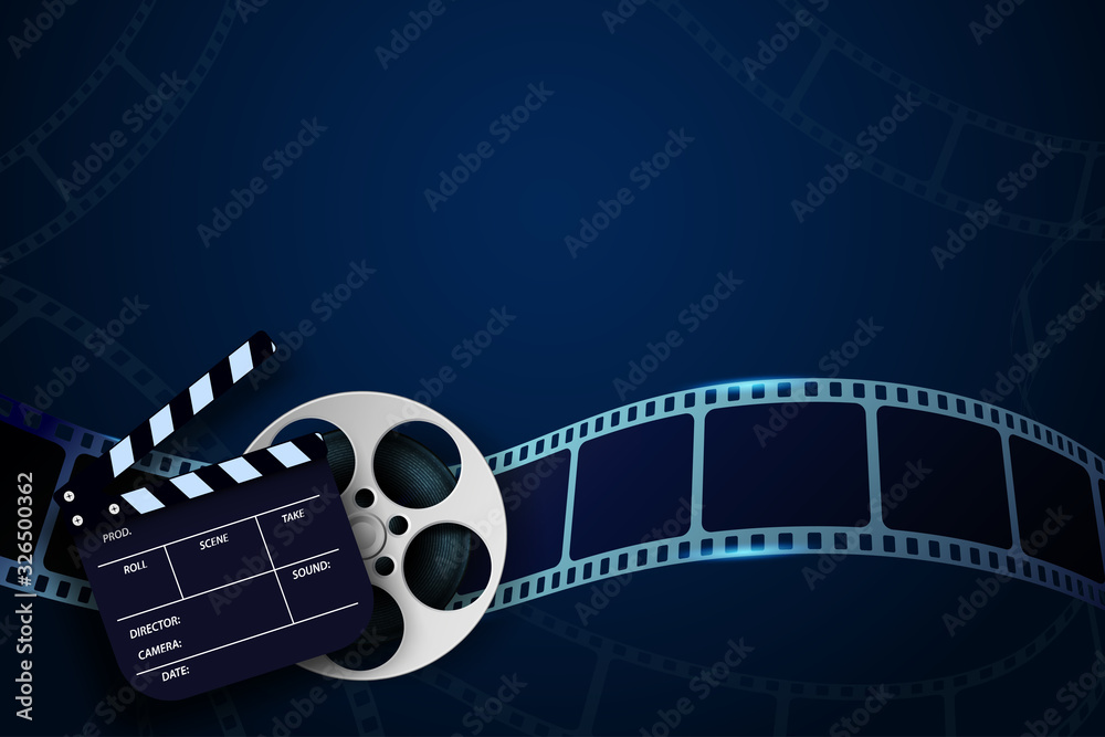 Wall mural cinema film strip wave, film reel and clapper board isolated on blue background. 3d movie flyer or p