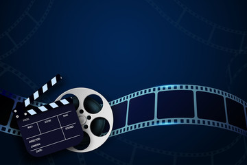 Cinema Film Strip wave, film reel and clapper board isolated on blue background. 3d movie flyer or poster with place for your text. Template design cinematography concept of film industry. Vector - obrazy, fototapety, plakaty
