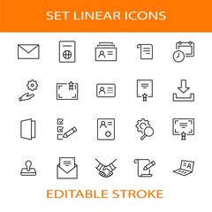 Set of Legal Documents Related Vector Line Icons. Contains such Icon as Visa, Contract, Declaration, License, Permission, Grant and more. Editable Stroke. 32x32 Pixels