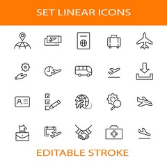 Set of Airport Related Vector Line Icons. Contains such Icons as Globe, Departure, Plane, Bus, Tickets, Baggage Claim, Calendar, Kit and more. Editable Stroke. 32x32 Pixels.