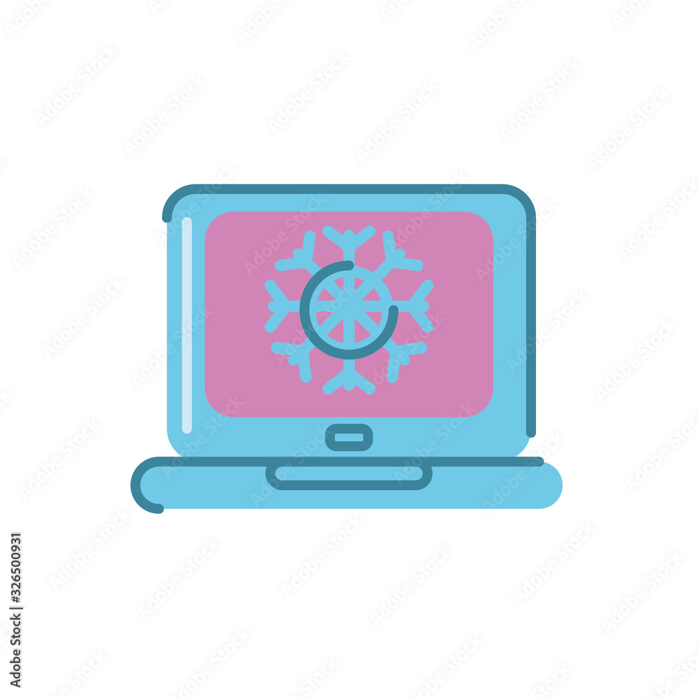 Sticker computer with snowflake icon, flat style design