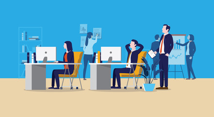Office with people illustration - Workplace with characters, man, woman and manager running a business, agency or startup company. Vector.