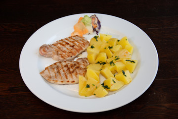 pork barbecue with nature potatoes and salad