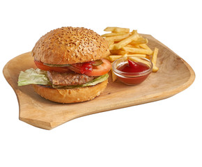 Delicious burger with pork on a board with fried potato isolated on white