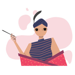 Elegant woman in retro style of the 20s smokes a cigarette. Old fashion. Simple flat illustration.