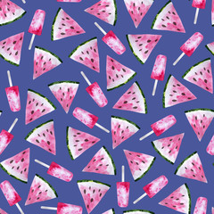 Summer seamless pattern with watermelon and fruit ice pops. Colorful watercolor illustration on blue background. Digital paper for wallpaper, scrapbooking, textile , wrap