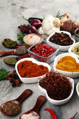 Spices and herbs on table. Food and cuisine ingredients and lemon