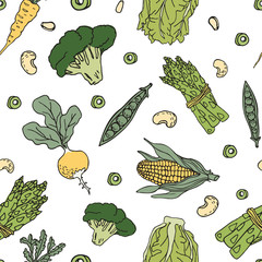 Healthy food nutrition concept. Hand drawn vegetarian diet seamless pattern with broccoli, asparagus, beans, radish and salad. Vector illustration in doodle style. Weight loss lifestyle.