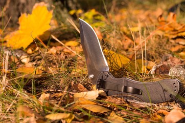 A sharp knife on earthen soil. Grass and leaves. Unusual angle of the knife.