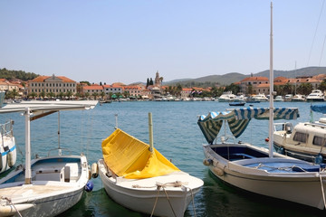 Fototapeta na wymiar Small boat in Vela Luka, town on island Korcula, Croatia. Selective focus.