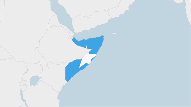 Somalia map highlighted in Somalia flag colors and pin of country capital Mogadishu.