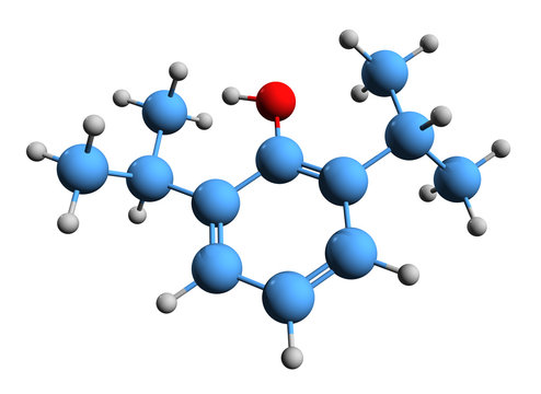 3D image of propofol skeletal formula - molecular chemical structure of short-acting medication isolated on white background