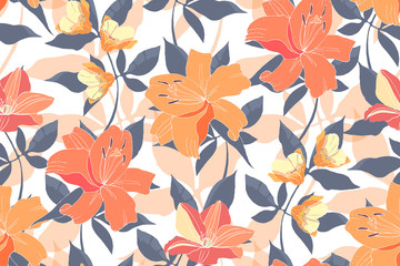 Vector floral seamless pattern with lilies and clematis. Pink and orange garden flowers with grey and pale orange leaves isolated on a white background. Spring, summer tile pattern.
