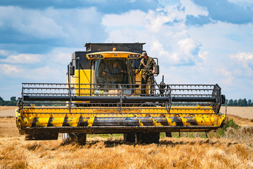 Fototapeta na wymiar Combine harvester in action on wheat field. Process of gathering ripe crop from the fields. agricultural technic in field. Special technic in action. Heavy machinery,