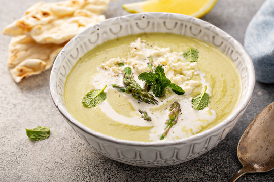 Asparagus And Peas Puree Soup With Fresh Mint