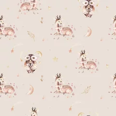 No drill roller blinds Little deer Watercolor baby and mother cartoon owls deer seamless pattern. Woodland cute owl hand drawn kid texture, bird background. Children funny painting. Fabric design