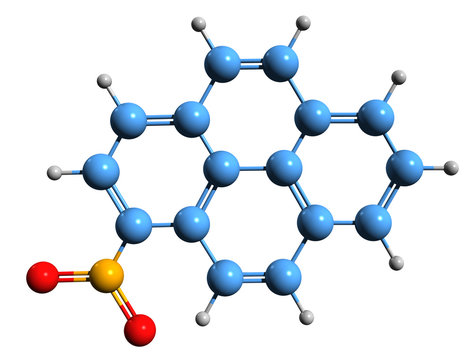 3D image of 1-Nitropyrene skeletal formula - molecular chemical structure of IARC Group 2B carcinogen isolated on white background