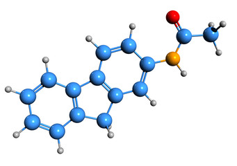 3D image of 2-Acetylaminofluorene skeletal formula - molecular chemical structure of derivative of fluorene isolated on white background