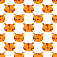 Cute kawaii, doodle of tiger pattern. Seamless background for baby kids print, textile, fabric. Funny wild animal face design, tiger head isolated on white background, stock illustration.