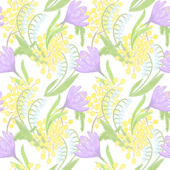 Fototapeta na wymiar Seamless pattern flowers on the white background, wall paper, scrapbooking, spring ornament, botanical , floral style