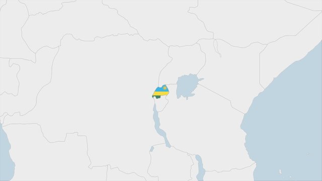Rwanda map highlighted in Rwanda flag colors and pin of country capital Kigali.