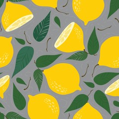Seamless fresh lemon citrus vector patterns on isolated on grey background. Hand-drawn illustration with lemons and leaves. Colorful wallpaper collection. Decorative illustration, suitable for printin