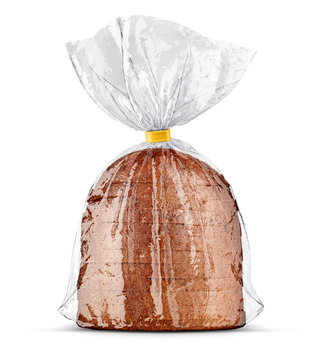 Bread bag packaging with sliced bread inside. View mockup rumpled transparent plastic wrap. Product pack, isolated on white background, Cellophane packing for bakery product. 3d rendered illustration.