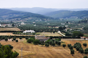 The view of the Toscana landscape with old and new villa on a hazy day.