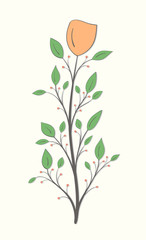 Flower on a stem with green leaves and berries in vintage style on a light background