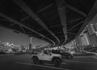 road bridge automobile construction circulation highway night black white city florida transportation traffic street urban architecture acceleration motion rush